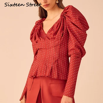 

New Spring Polka Dot puff sleeve blouse Woman V-neck Red show slim Chic Fashion luxury shirts female tops 2020
