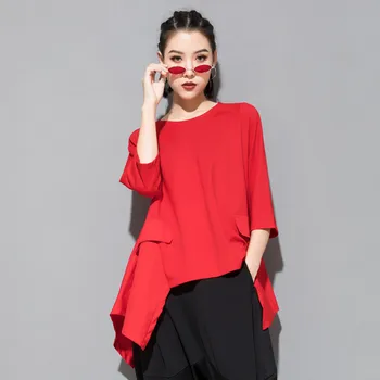 

WOMENGAGA 2020 SUMMER NEW Solid O-neck Pullover T-shirt Casual Patchwork Loose A-line Irregular Large Size Fashion A247