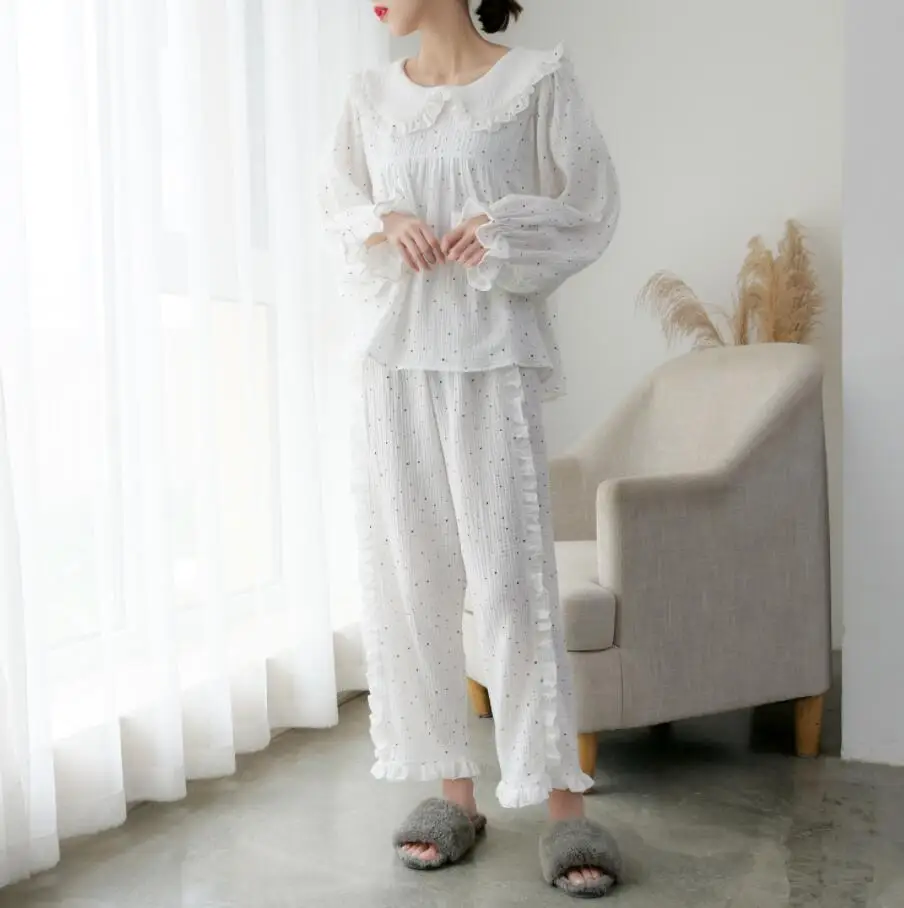 

Free Shipping 2019 New Fall Princess Women's Pajamas Long Pants Two Pieces Set 4 Color Vintage Sweet Sleepwear Cotton pijamas