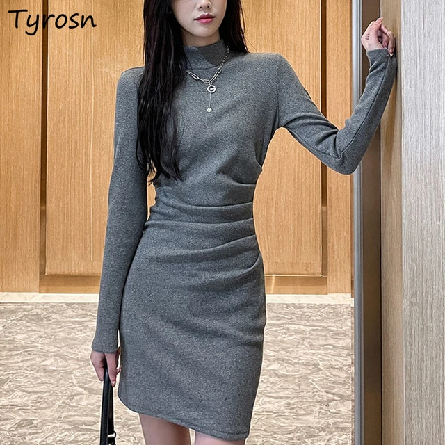 Long Sleeve Women Elegant Slim Black Bodycon Dresses Street Design Folds Turtleneck Empire A-line Mini Vestidos Mujer - AliExpress