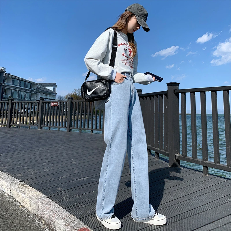 2021 New Fashion Korean Style Women White High-Waist Jeans Summer New Style Wide-Legged Wild Straight Loose Comfortable Pants cargo pants