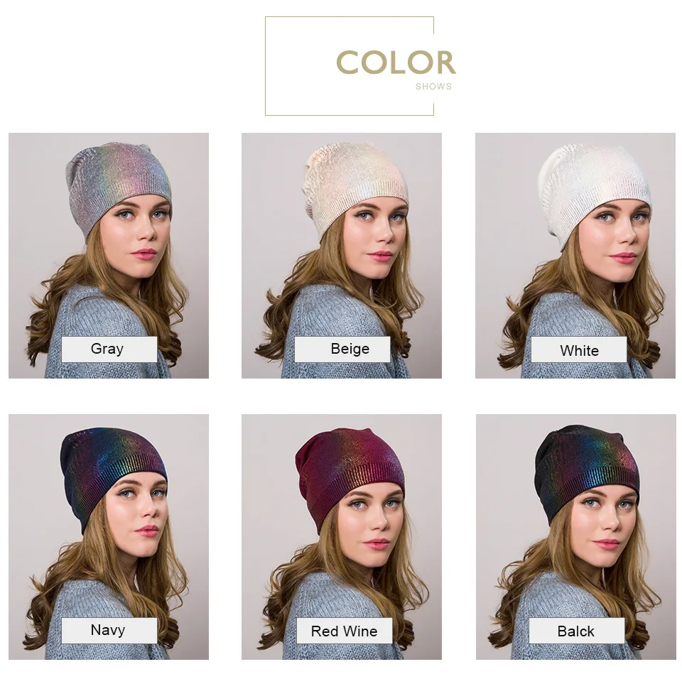 Новинка, Bronzing Beanie для женщин, повседневные кашемировые, цвета металлик, громоздкие шапочки для дам, женская шапка с принтом, зимняя, Прямая поставка