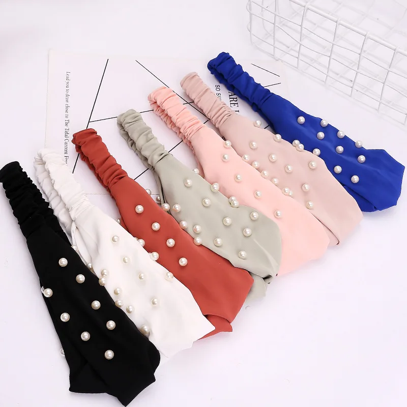 8Pcs/Lot Solid Color Fabric Girls Wash Face Headband Soft Elastic Pearl Hair Bands Bezel For Wholesale Accessories | Аксессуары для