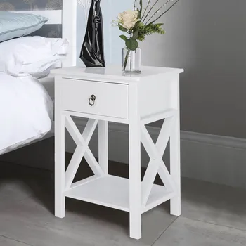 

2 Pieces, Two-Layer Bedside Table with Drawers Side Table Coffee Table Nightstand Sofa Bedroom Furniture Side Cross Style White