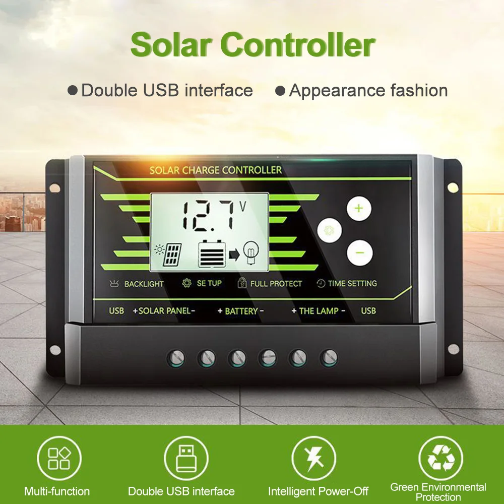 10A/20A/30A автоматический Солнечный Контроллер заряда PWM контроллеры lcd Dual USB 8V выход солнечная панель Регулятор 12 V/24 V