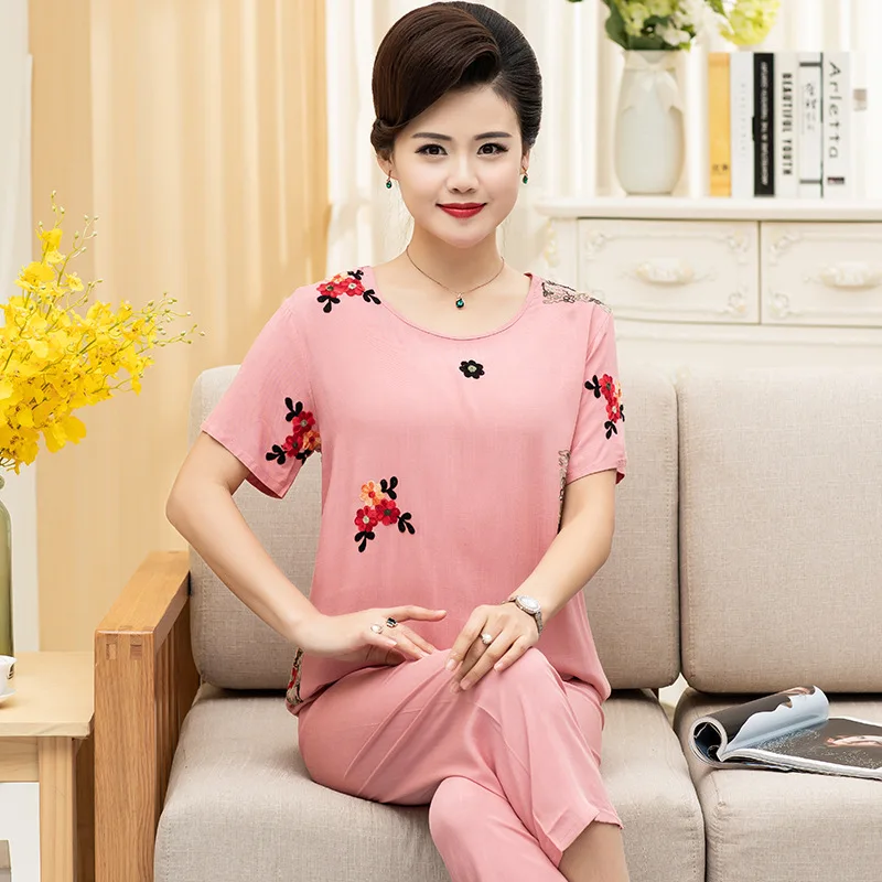 Embroider Pajamas Set Middle-aged Elderly Women Summer Cotton Nightwear Two-piece Suit Grandma Short Sleeve