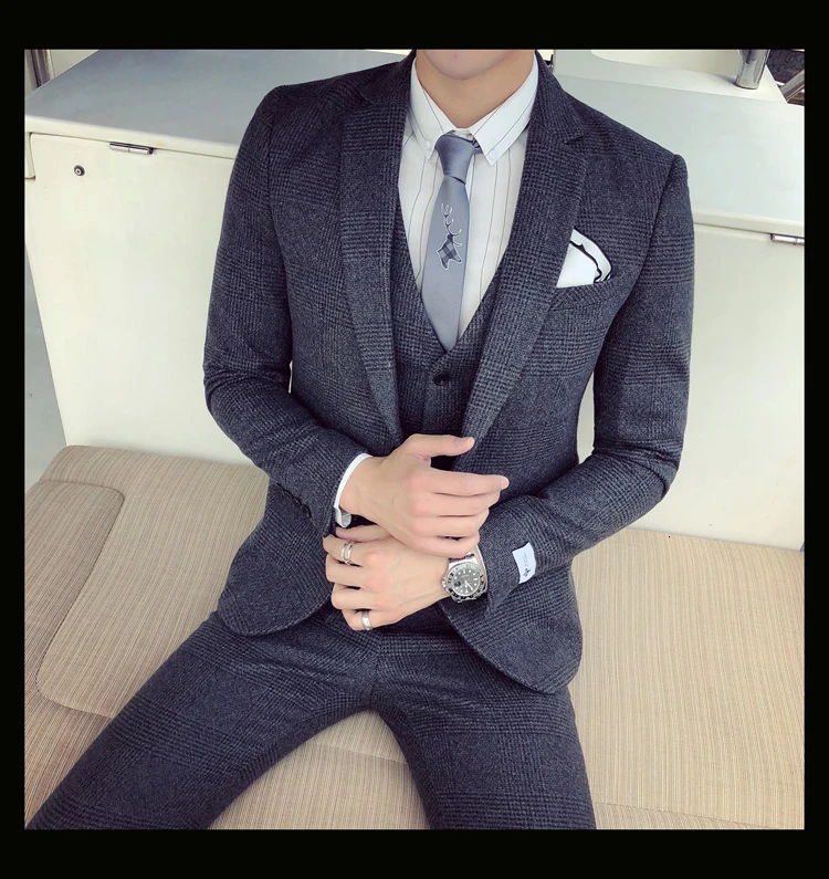 Мужской деловой костюм, официальный смокинг, мужские костюмы, Casacas Hombre Azul Terno Preto, облегающие Серые Ретро костюмы в клетку для мужчин