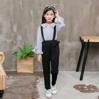 

Kids Girl Spring Autumn Clothing Set Flare Sleeve Striped Blouse + Jumpsuit Two Pieces Clothes Set For Age 4 5 7 9 11 13 Years