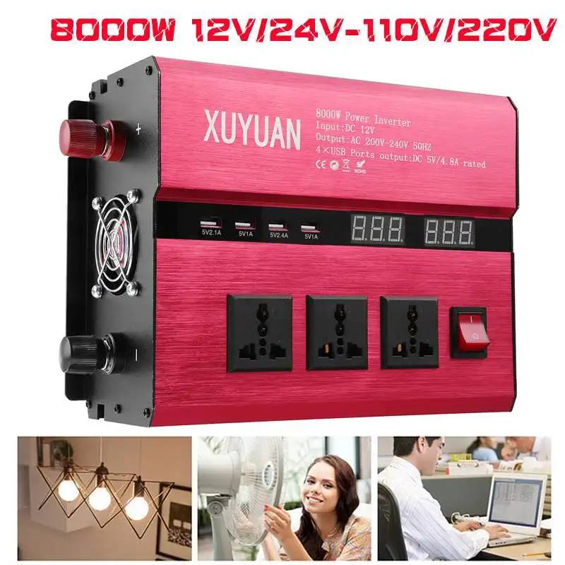 

Solar Power Car Inverter 12V 220V 8000W P eak LED Power DC 12V To AC 220V Sine Wave Converter for car and truck