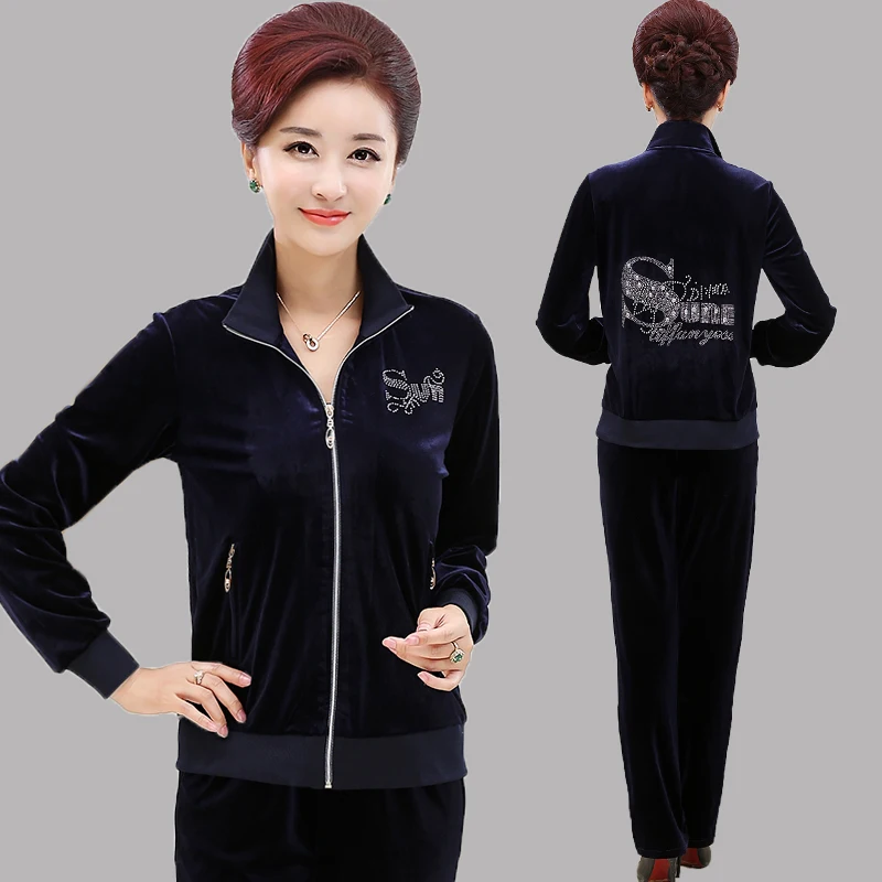 Winter Thick Warm Sporting 2 Piece Sets Middle-aged Women Gold velvet Sportswear Sets Suit Plus size Loose Tracksuit Coat+Pants - Цвет: Nary