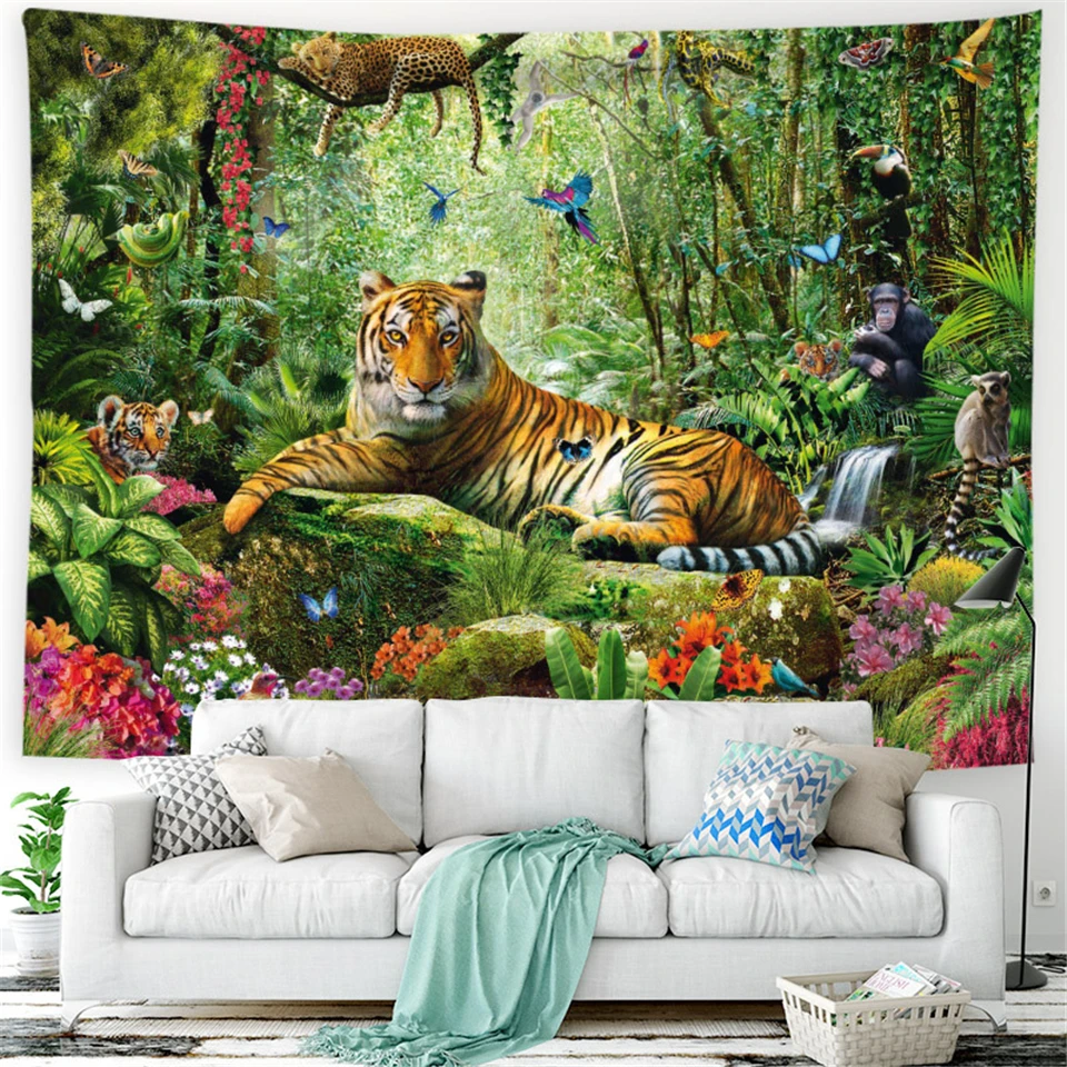 

Psychedelic Forest Hanging Wall Tapestries Animals Tiger Trippy Tapiz Hippie Boho Decor Dorm Wall Carpet Sofa Blanket Tablecloth