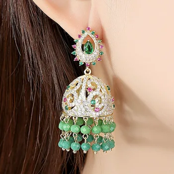 

Zlxgirl Luxury brand Green AAA Mirco Paved zircon and beads Women Bridal Earrings fashion Indian And Dubai gold stud earrings