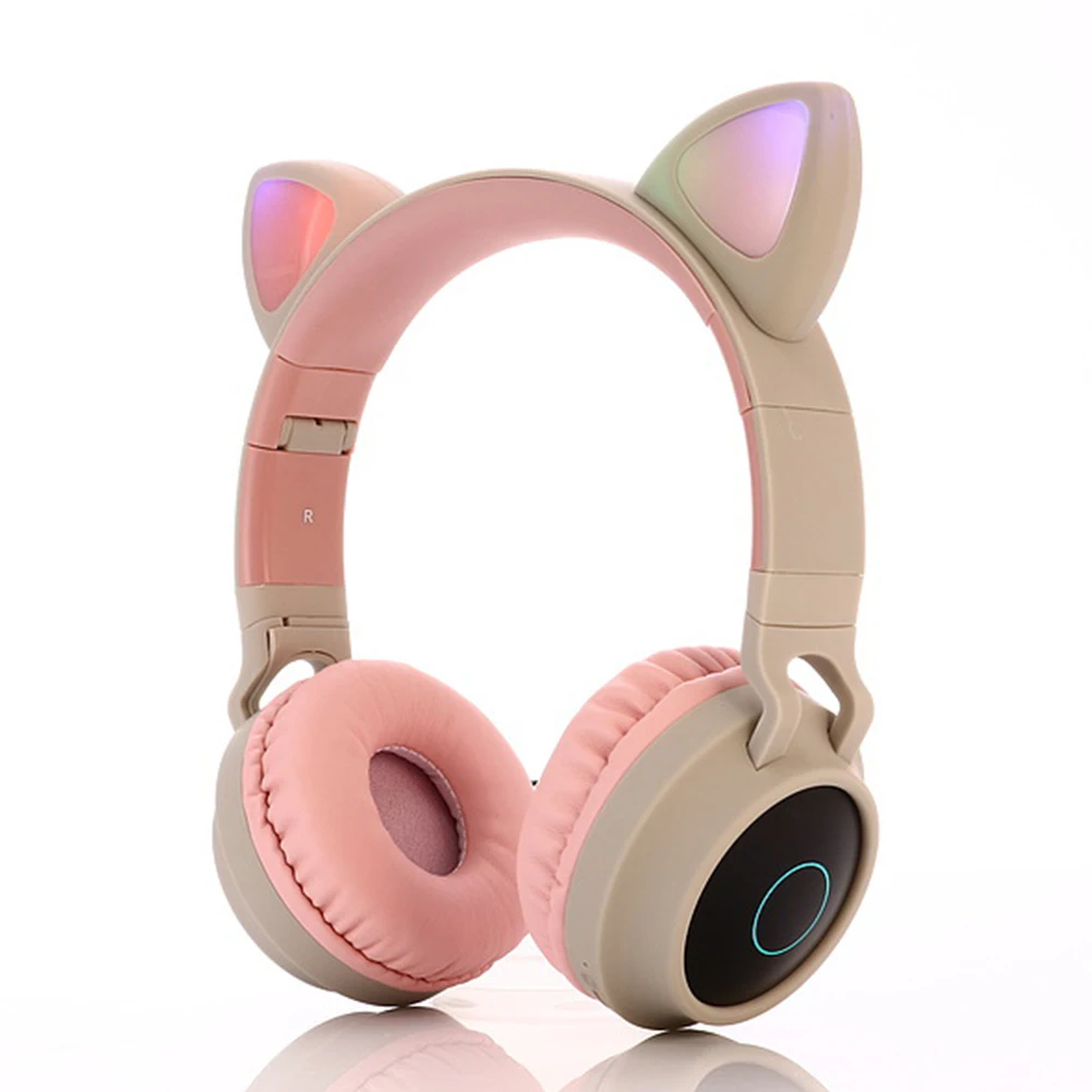 Детские Модные Bluetooth 5,0 складные милые Беспроводные наушники с кошачьими ушками для девочек, ПК, USB, перезаряжаемый музыкальный смартфон, светодиодный, светящийся - Цвет: Grey With Pink