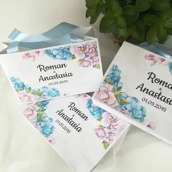 

Personalized Paper Bag with light blue satin ribbon Blue custom wedding welcome bags Paper Bag for your party guests,
