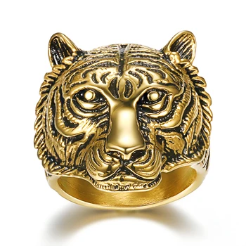

New Stainless Steel Men Ring Tiger Head King of Animal Jewelry Gold Color Punk Rock Finger Ring for Men Fashion Jewelry