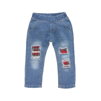 

Kids Pant Autumn Boy Girl Denim Pant Patchwork Plaid Hole Design Loose Denim Long Pants