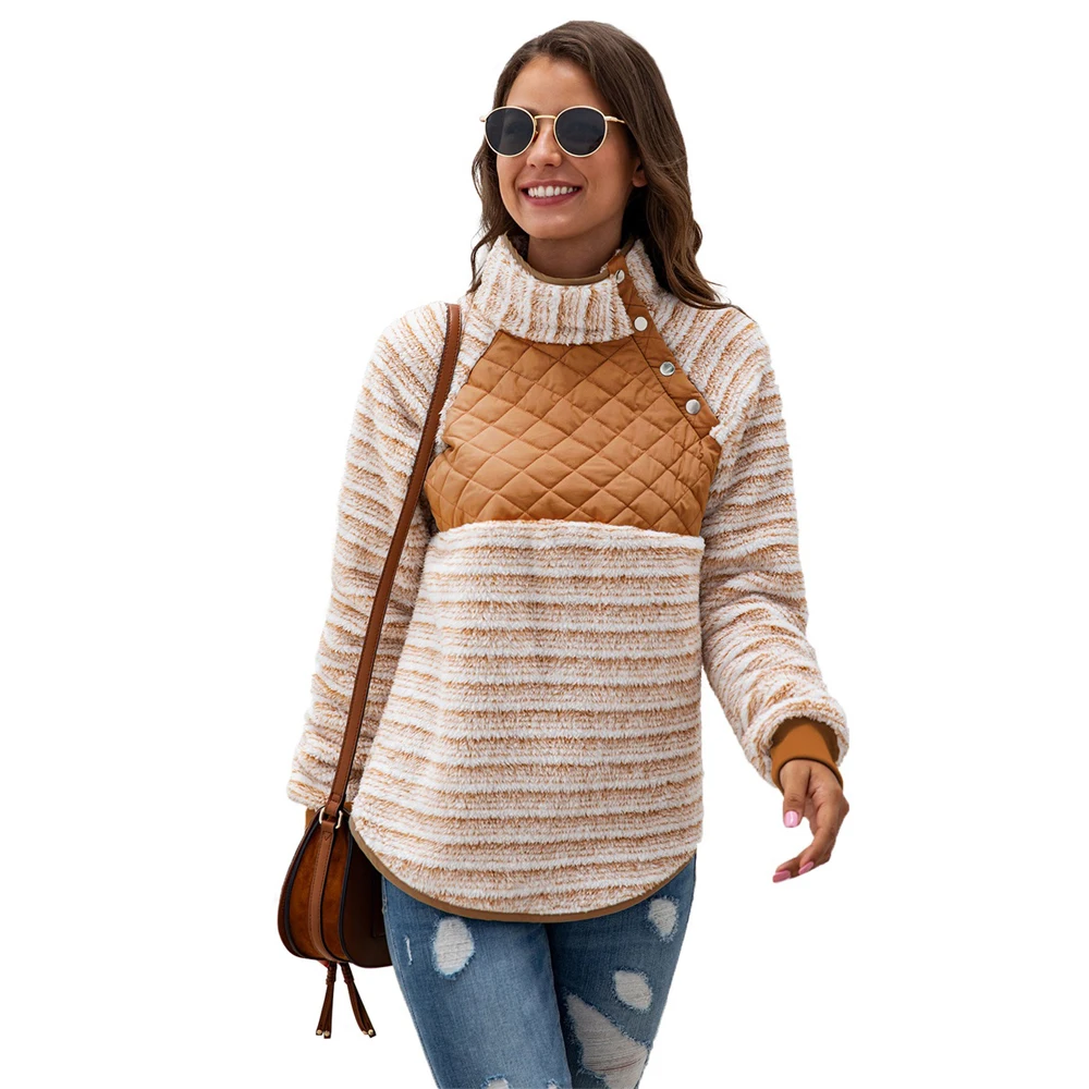 

High Quality Ladies Pullovers Fleece Soft Button Turtleneck Patchwork Warm Sweater Autumn Winter Street Casual Women Clothes