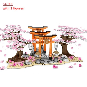 

647Pcs Sakura Tree City Building Blocks Cherry Blossom Festival Shrine Torii Oriental cherry Theme Bricks Figures Toys