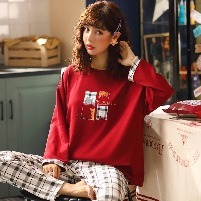 

Pajamas Women's Autumn And Winter Long Sleeve Korean-style Fresh Students Spring And Autumn Cotton Loose And Plus-sized Homewear