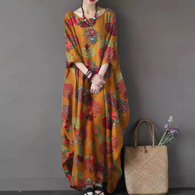 ZANZEA Vintage Printed Maxi Long Dress Women Sundress Casual Long Sleeve Kaftan Dresses Female Baggy Floral Vestidos Plus Size 7
