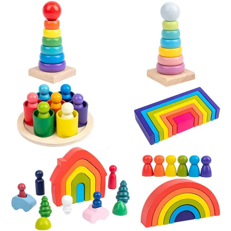

Kids Montessori Educational Wooden Toys Rainbow Wooden Toys Semicircle Building Blocks Rectangular Board house christmas gift