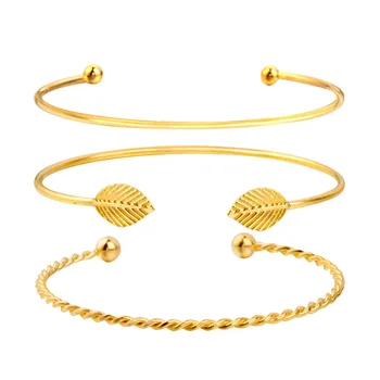 

Gold Beads Leaves Bangles Three-piece Cuff Bracelet Statement Accessories for Women Jewelry Retro Trend Leaf Ball Open Findings