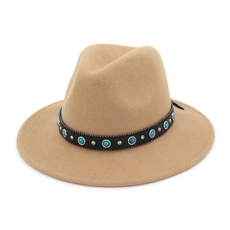 Camel fedora FS осень зима унисекс шерстяной джазовый шляпа Панама фетровая шляпа с кожаными заклепками Украшенные Trilby фетровая шляпа для мужчин и женщин - Цвет: Camel fedora