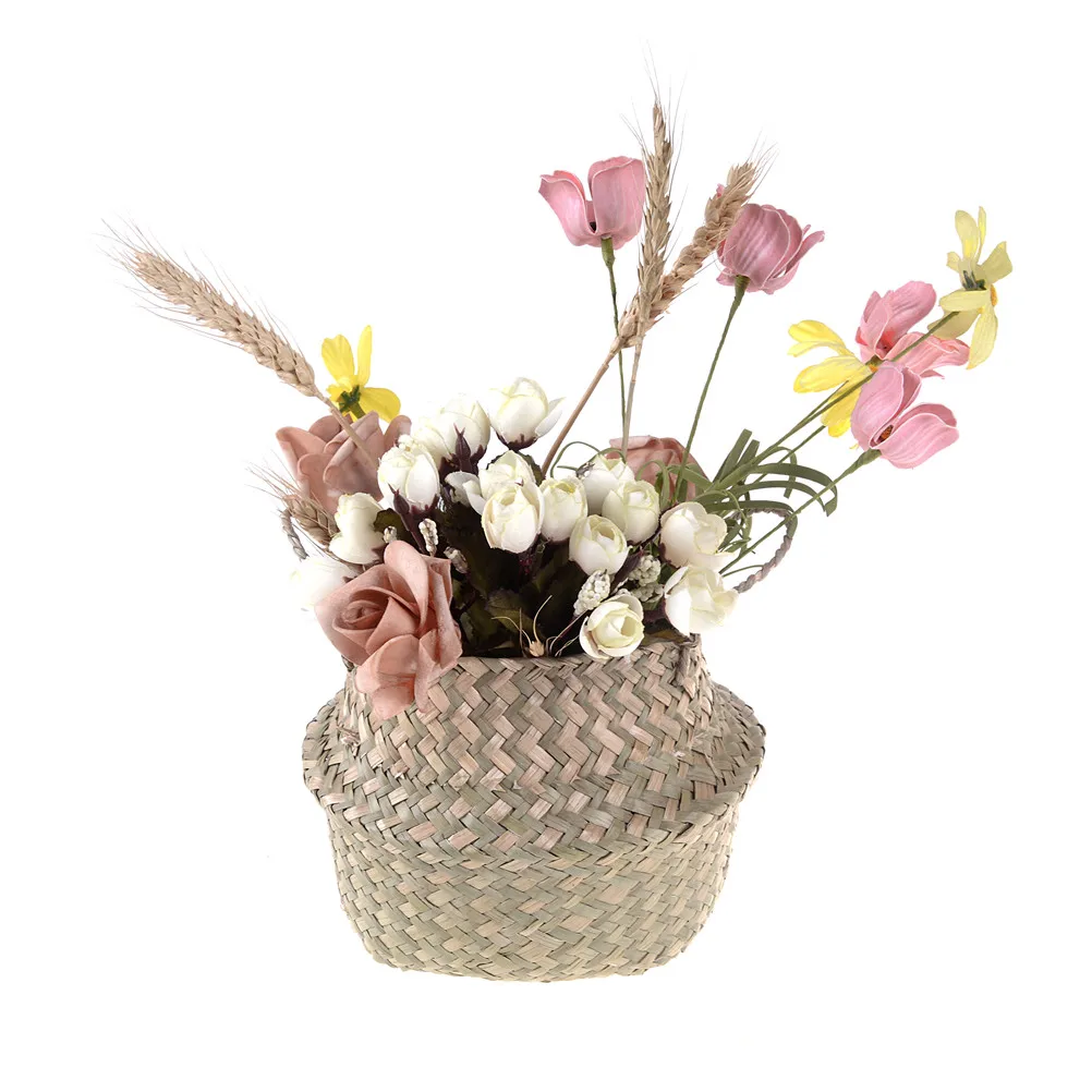 Storage Basket Rattan Straw Basket Wicker Seagrasss Folding Laundry Flower Pot Flower Vase Home Hanging Basket 12x16x15cm