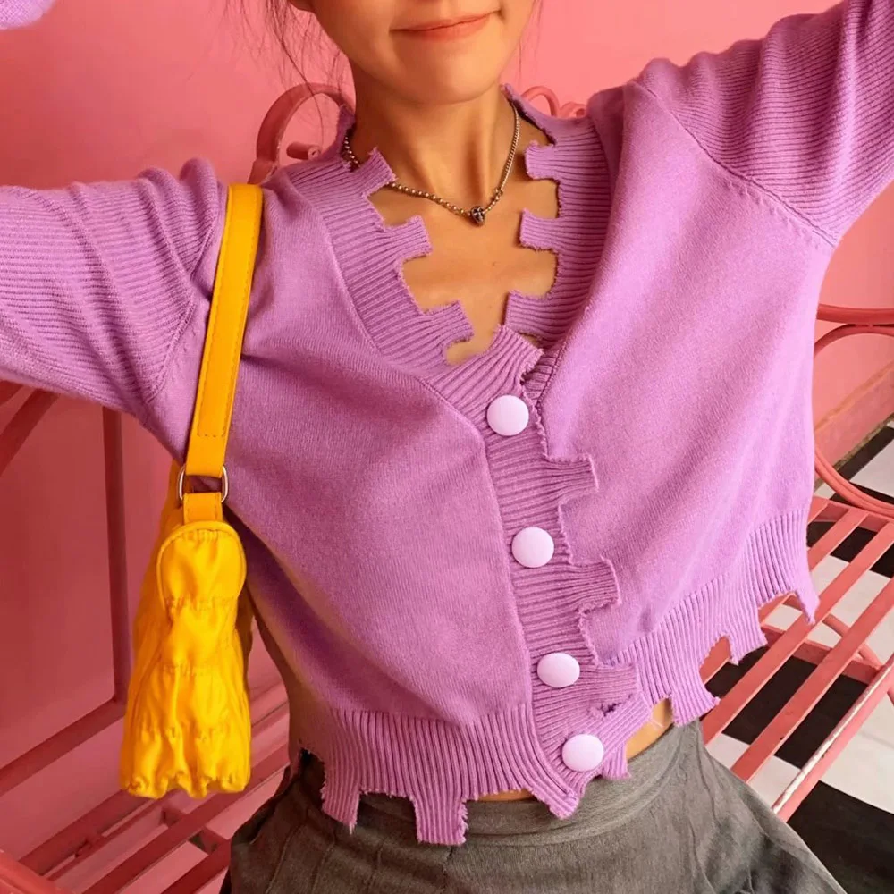 

Ins Fashion Short Sweater Tops Autumn Winter 2020 Fashion Purple Long Sleeve Knitted Tops Open Stitch Streetwear Sweater