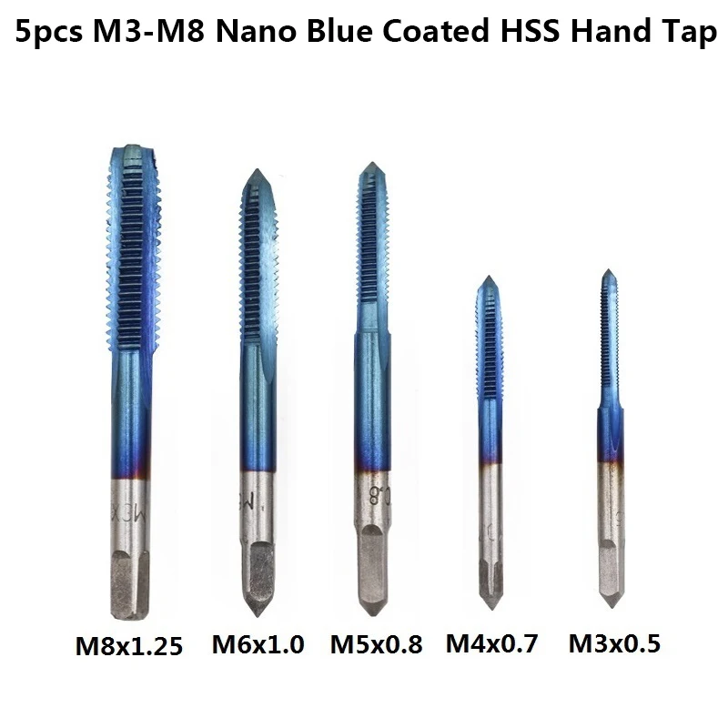 5pcs Nano Blue 5 шт. M3 M4 M5 M6 M8 HSS ручной кран Набор нано с синим покрытием метрический кран с винтовой резьбой TiCN покрытием винт кран сверло ручные инструменты - Цвет: 5pcs Nano Blue