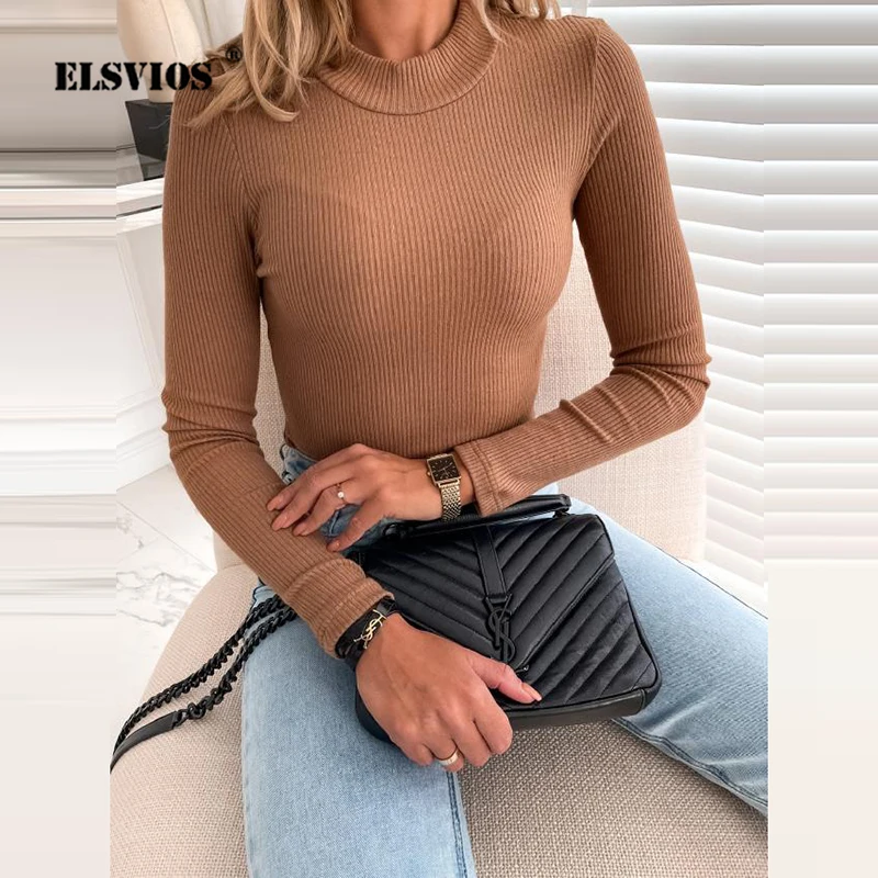 

Women Fashion Stand Collar Slim Sweater Lady Elegant Long Sleeve Knitted Blouse Spring Autumn New Casual Solid Base Pullover Top