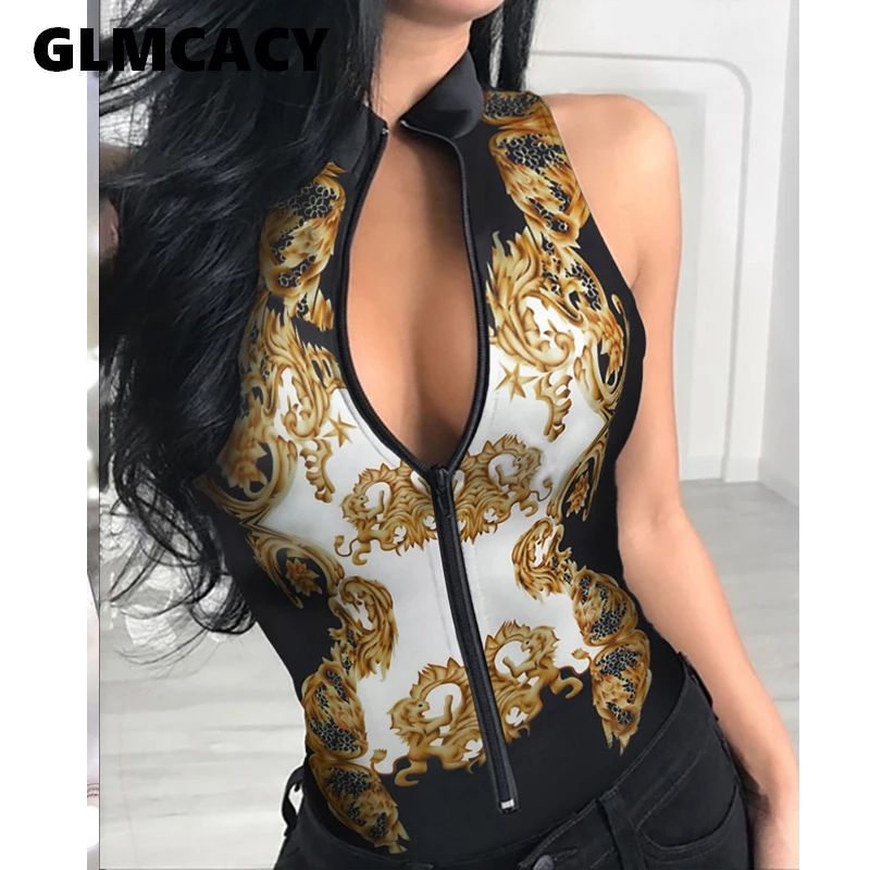 Women Zipper Front Baroque Print Sleeveless Bodysuit Rompers Plunge Summer Sexy Onesie Clubwear Women Zipper Front Baroque Print Sleeveless Bodysuit Rompers Plunge Summer Sexy Onesie Clubwear