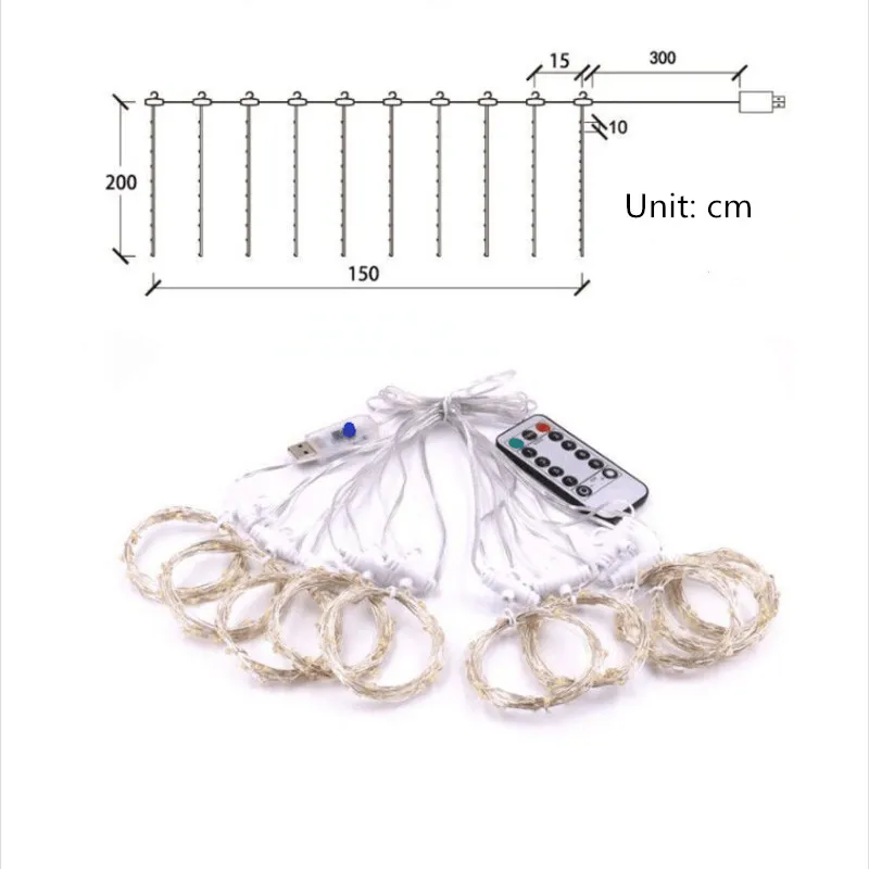 1.5 * 2M LED Rainbow Curtain Light USB Eight Function Mode Fairy Lights String Christmas Wedding Party Indoor Outdoor Decoration
