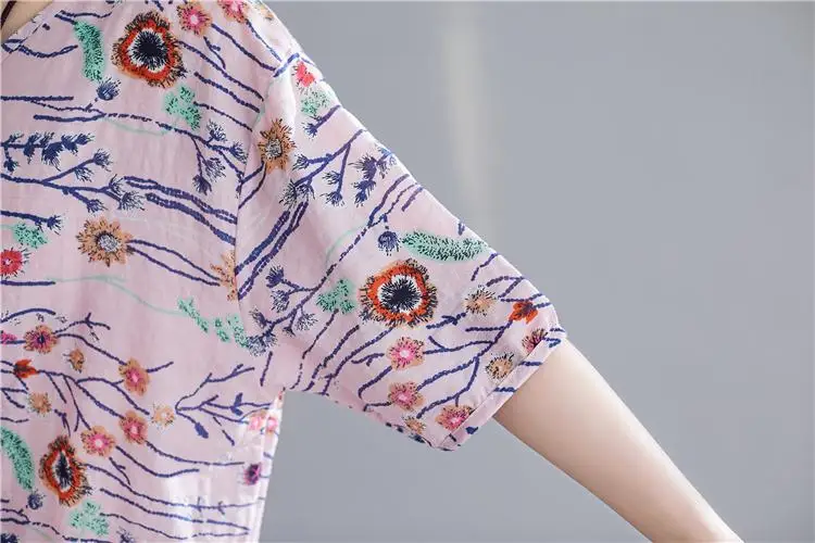 Летняя хлопковая льняная футболка размера плюс, Женская Корейская футболка с цветочным принтом, повседневные свободные женские футболки, топы в полоску, Новинка