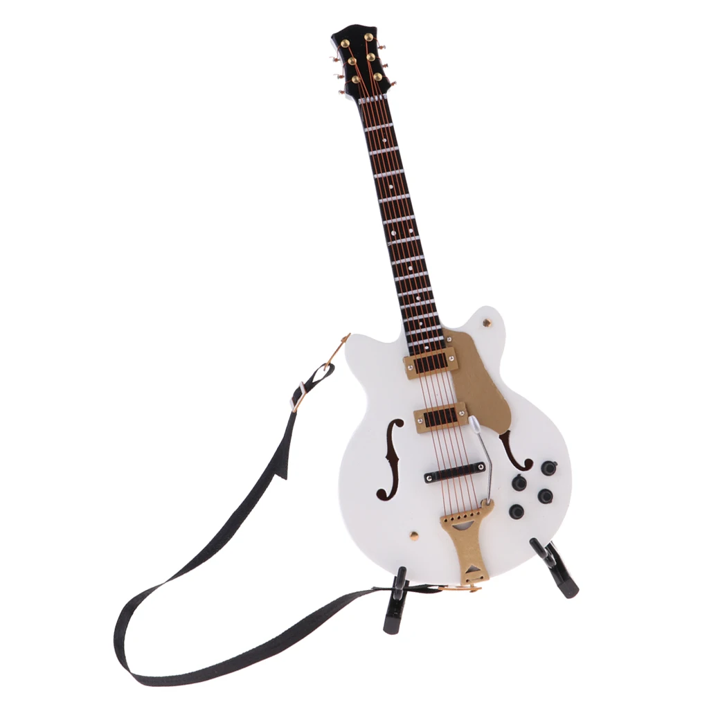 1:6 Mini Guitar with Stand and Case Miniature Dollhouse Decoration (White)
