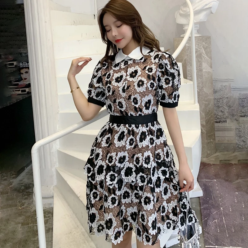 

Designer Runway Self Portrait Lace Dress Women Puff Sleeve Flower Embroidery Retro Patchwork Party Mini Dress Plus Size 2XL A453