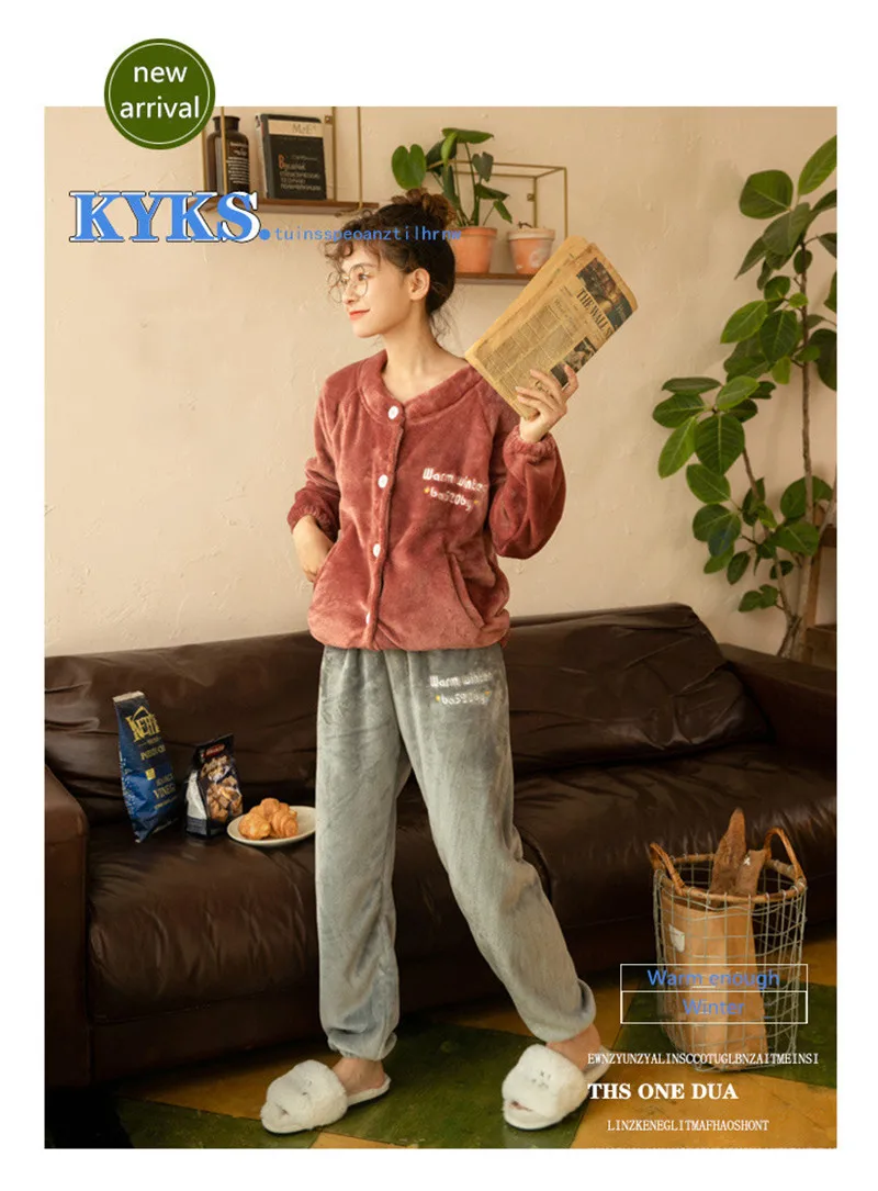 JULY'S SONG Women Pajama Sets Flannel Winter Pajamas Long Sleeve Full Trousers Simple Casual Warm Flannel Thick Homewear Suit