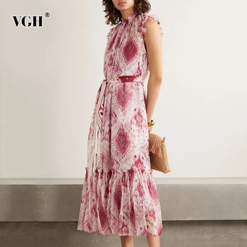 

VGH Vintage Print Dresses Female Stand Collar Sleeveless Ruched High Waist Lace Up Bow Midi Tassel Hit Color Dress Women Fashion