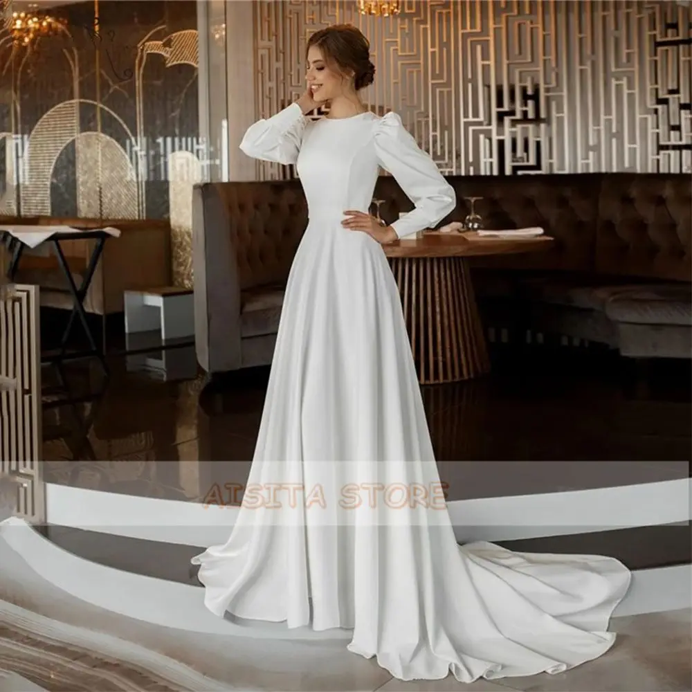 Simple Soft Satin Wedding Dresses 2022 Elegant O Neck Long Sleeves Muslim Sweep Train Bridal Gowns Vestido De Noiva Plus Size black wedding dresses