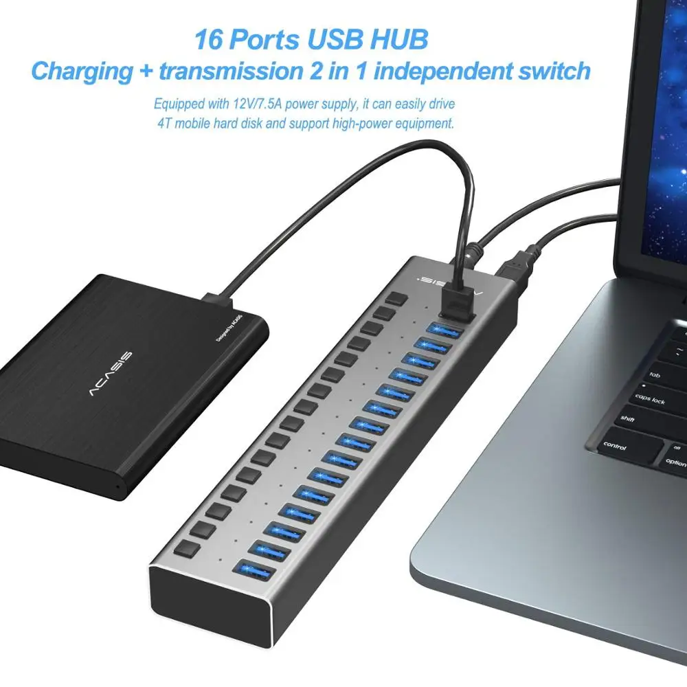  Adaptador de alimentación externa USB HUB 30 16 puertos interruptor divisor USB Hub 12V 7.5A adapta