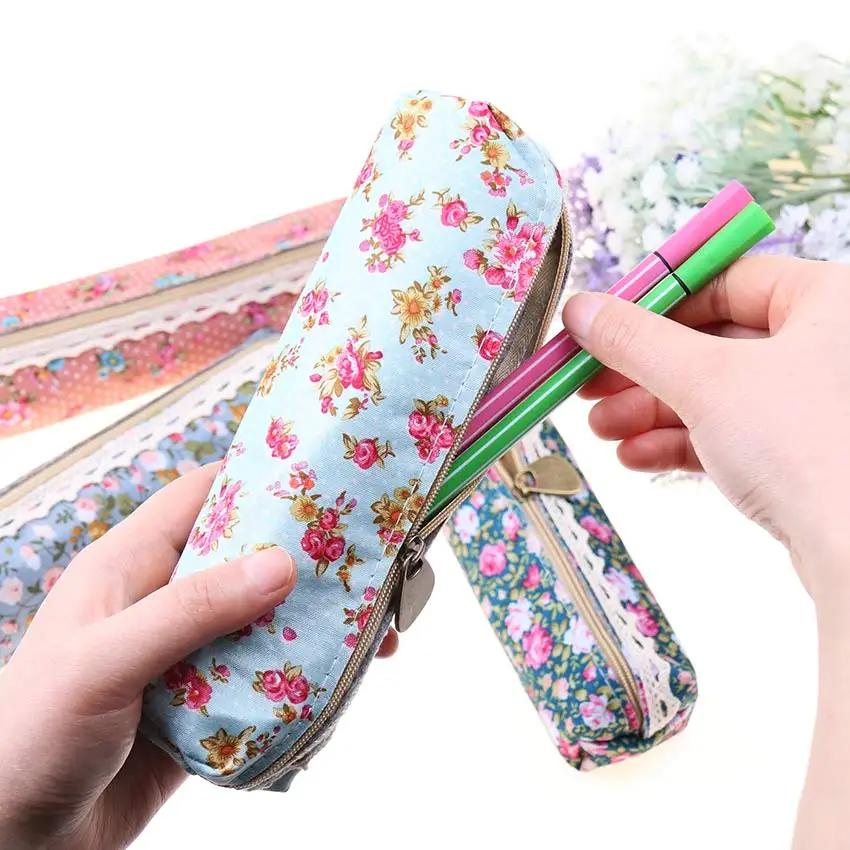 

1PC Fashion Mini Retro Flower Floral Lace Pencil Shape Pen Bag Make up Bag Zipper Pouch Purse