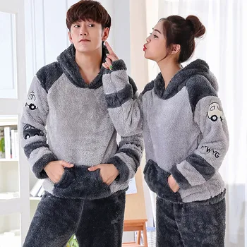 

Couples Thick Warm Flannel Hooded Cute Cartoon Pajama Sets for Women 2020 Winter Long Sleeve Coral Velvet Sleepwear Men Homewear