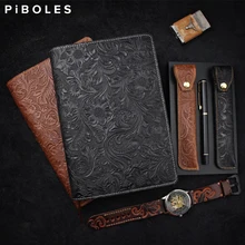 Retro Cowhide Notebook Travelers Handmade Genuine Leather Journal Planner A5 Note Book Diary Credit Card Slot Postcard Stickers
