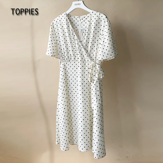 Toppies Summer Short Sleeve Shirts Dress Polka Dot Printing Dress Woman v-neck Lace Up Belt vestido 2021 5
