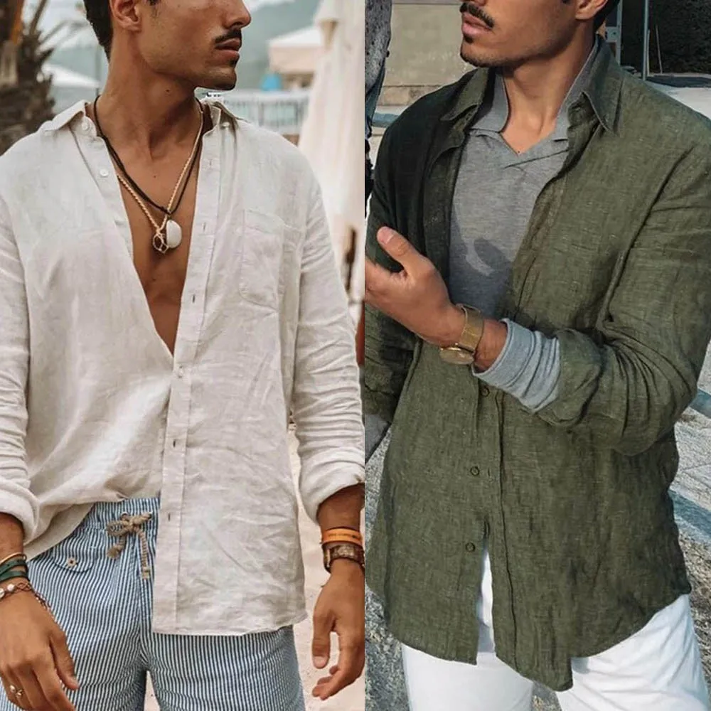 

Рубашка мужская с отложным воротником, модная сорочка из хлопка и льна, приталенный силуэт, однотонная повседневная одежда, длинный рукав