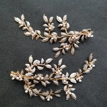 

SLBRIDAL Handmade Golden Rhinestone Crystal Pearls Flower Leaf Wedding Hair Clip Barrettes Bridal Hair Accessories Women Jewelry