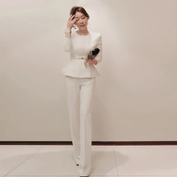 High Quality Women Outfits 2020 Fashion Autumn Winter Black Belt Falbala Suit Blazer + Solid Pants Two 2 Piece Set AQ131 | Женская