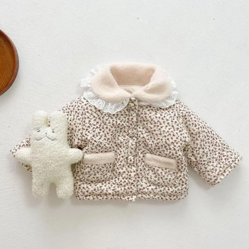 Kids jackets Autumn winter children plus velvet flower print cotton coat