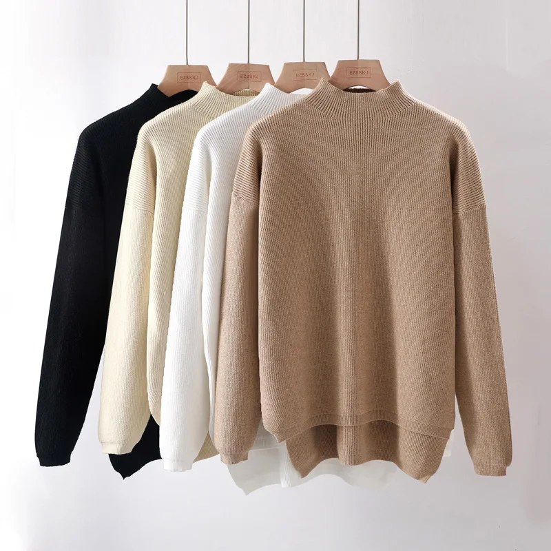chic Loose Sweater Women Pullover Casual Turtleneck Long Sleeve Oversize Knit Female Jumpers Split thick sweater | Женская одежда