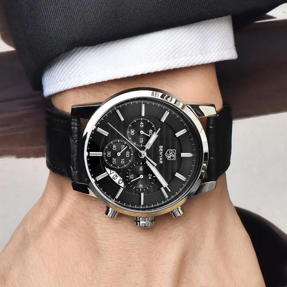 Reloj Hombre BENYAR 43 мм модные спортивные мужские часы с хронографом лучший бренд класса люкс военные кварцевые часы Relogio Masculino